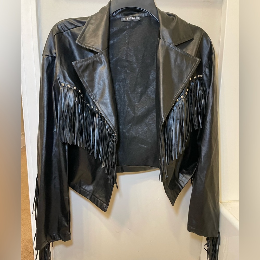 SHEIN size small black leather jacket with fringe